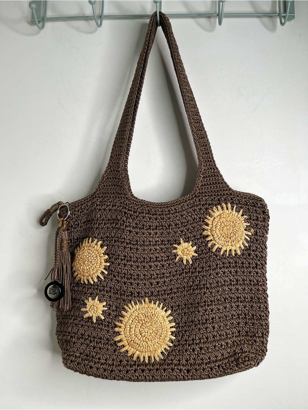 The Sak Brown Crochet Tote Bag Sunburst Accents Boho Chic Cottage Core *See pics
